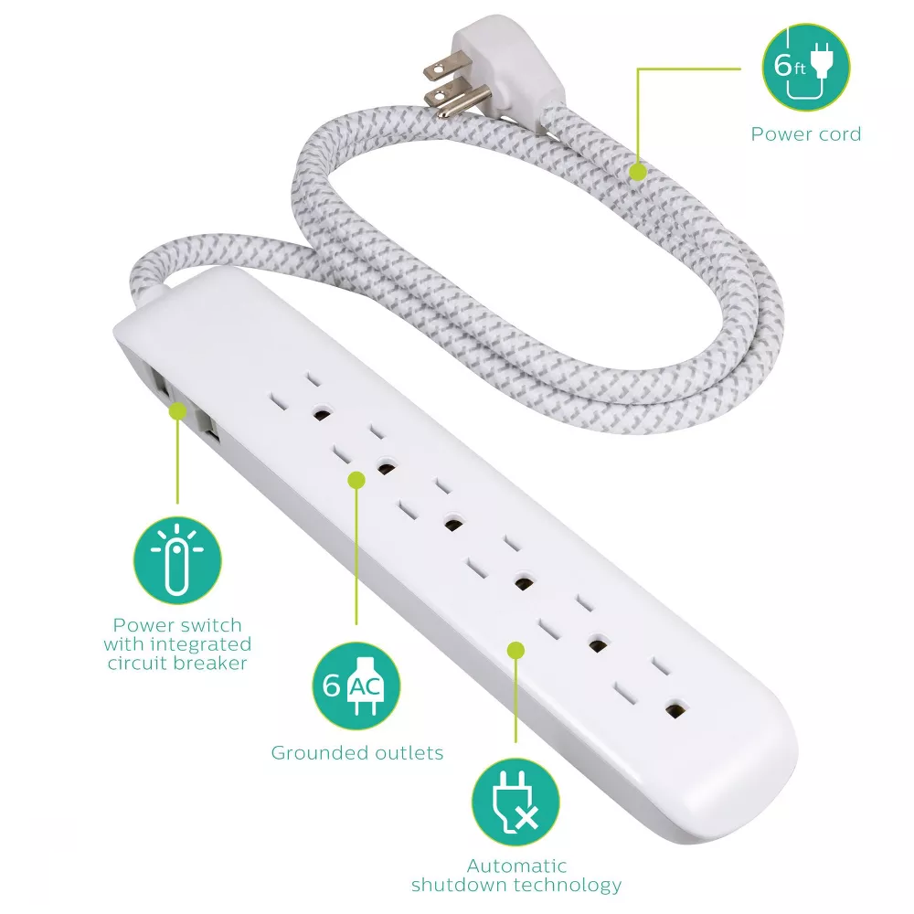 Surge Protector Power Strip 6 Grounded Outlets 6ft Braided Cord 1080J Surge Protection with Flat Space-Saving Plug