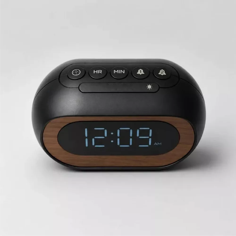 Digital Alarm Clock Capsule Shape Wood Grain Decor LED Display Dual Alarm Adjustable Dimmer & Snooze with Power Adapter