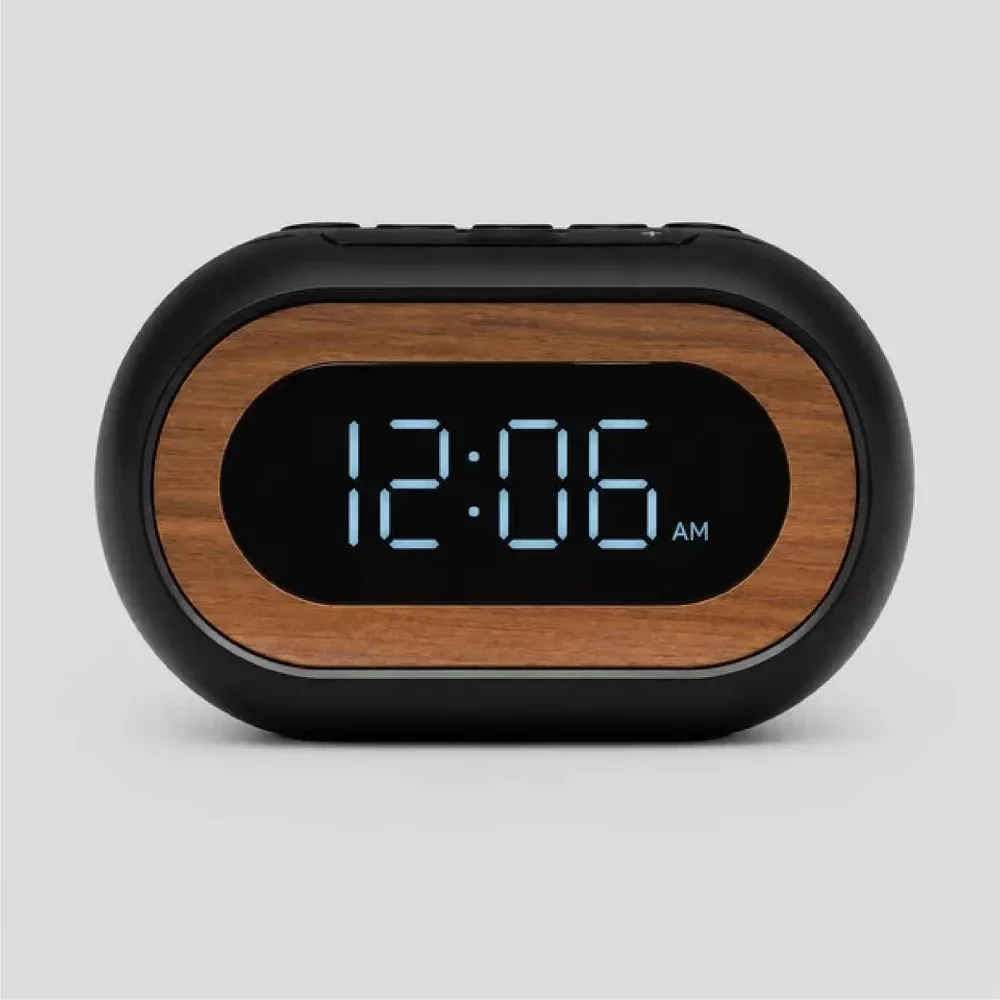 Digital Alarm Clock Capsule Shape Wood Grain Decor LED Display Dual Alarm Adjustable Dimmer & Snooze with Power Adapter