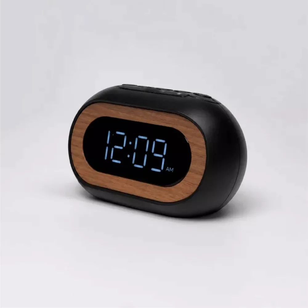 Digital Alarm Clock Capsule Shape Wood Grain Decor LED Display Dual Alarm Adjustable Dimmer & Snooze with Power Adapter