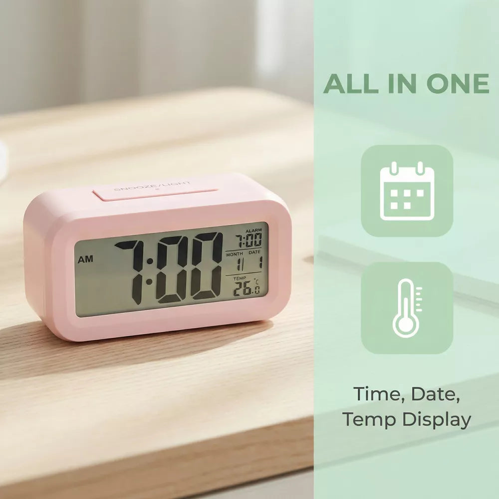 Digital Alarm Clock Battery Operated Large LCD Screen with Time Date Temperature Display Backlight & 5-Minute Snooze