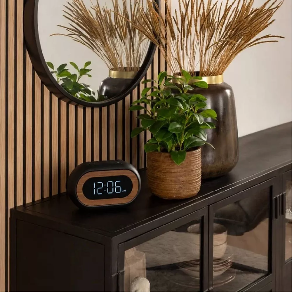 Digital Alarm Clock Capsule Shape Wood Grain Decor LED Display Dual Alarm Adjustable Dimmer & Snooze with Power Adapter