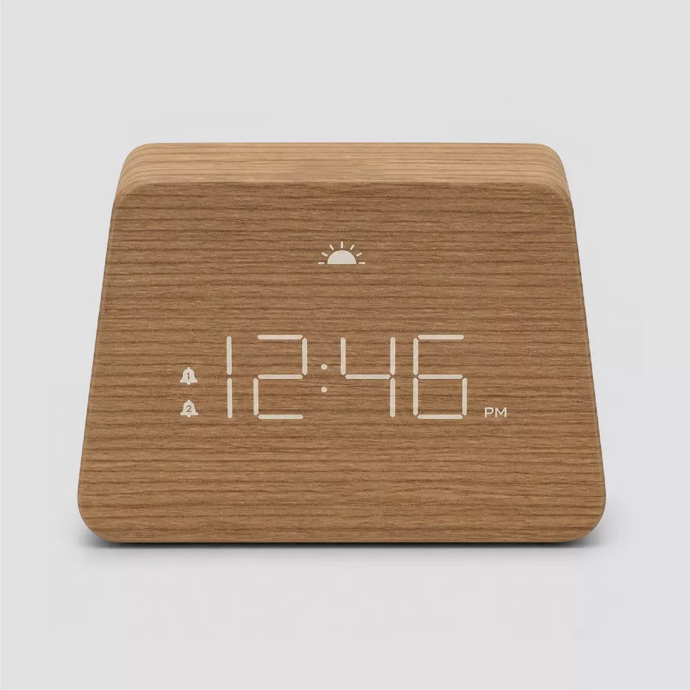 Digital Alarm Clock Wood Laminate LED Table Clock Dual Alarms Adjustable Brightness & Customizable Snooze with Time Memory Backup