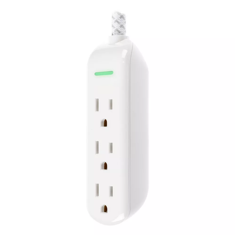 Surge Protector Power Strip 3 AC Outlets with 8ft Braided Extension Cord & Flat Wall Plug